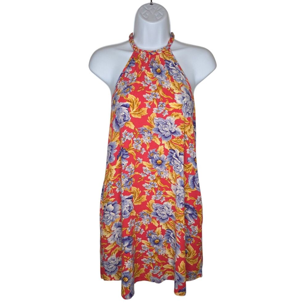 American Eagle Floral Halter Dress XS Red Blue Festival Boho Casual Mini